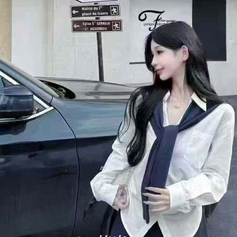 모방 데님 주간 실크 언더 천 박 전체 다림질 하나 새로운 패션 한국 스타일 작은 키 품격 연령 감소 긴팔 셔츠 이미지 2