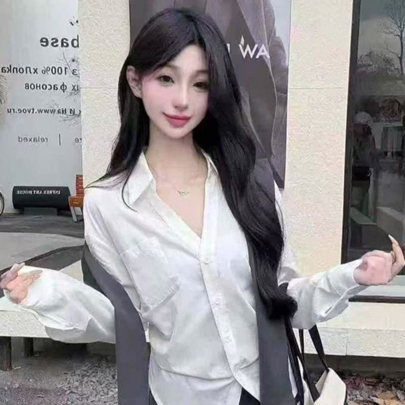 모방 데님 주간 실크 언더 천 박 전체 다림질 하나 새로운 패션 한국 스타일 작은 키 품격 연령 감소 긴팔 셔츠 이미지 3