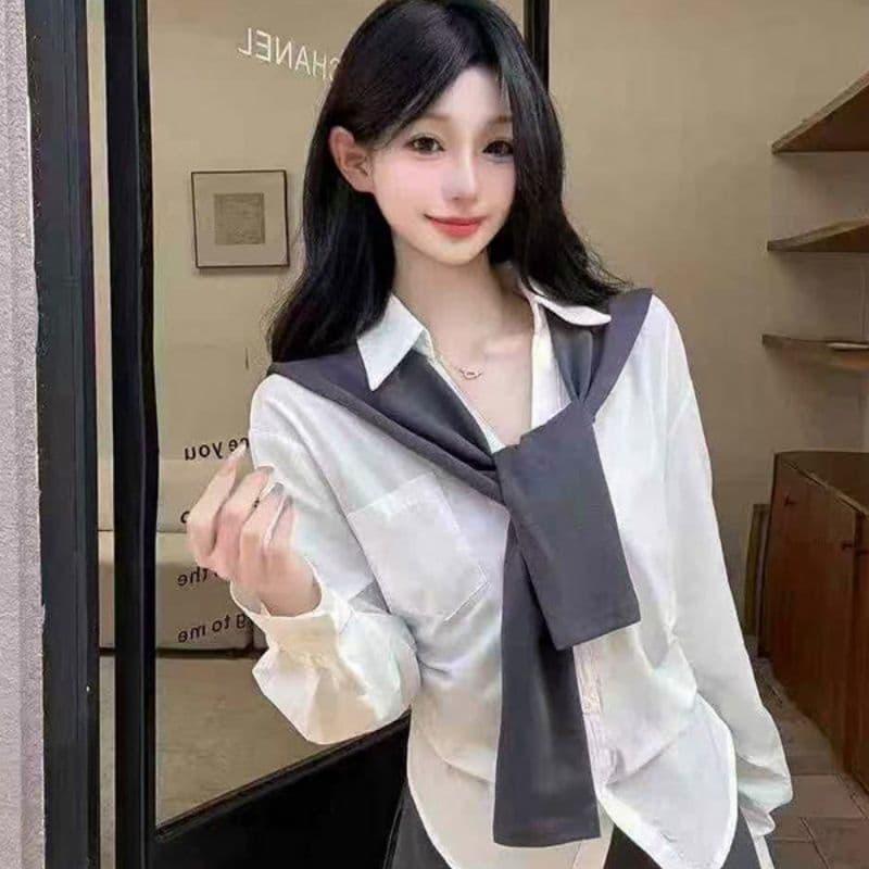 모방 데님 주간 실크 언더 천 박 전체 다림질 하나 새로운 패션 한국 스타일 작은 키 품격 연령 감소 긴팔 셔츠