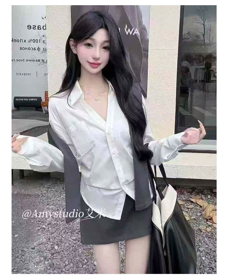 모방 데님 주간 실크 언더 천 박 전체 다림질 하나 새로운 패션 한국 스타일 작은 키 품격 연령 감소 긴팔 셔츠 상세 이미지 3