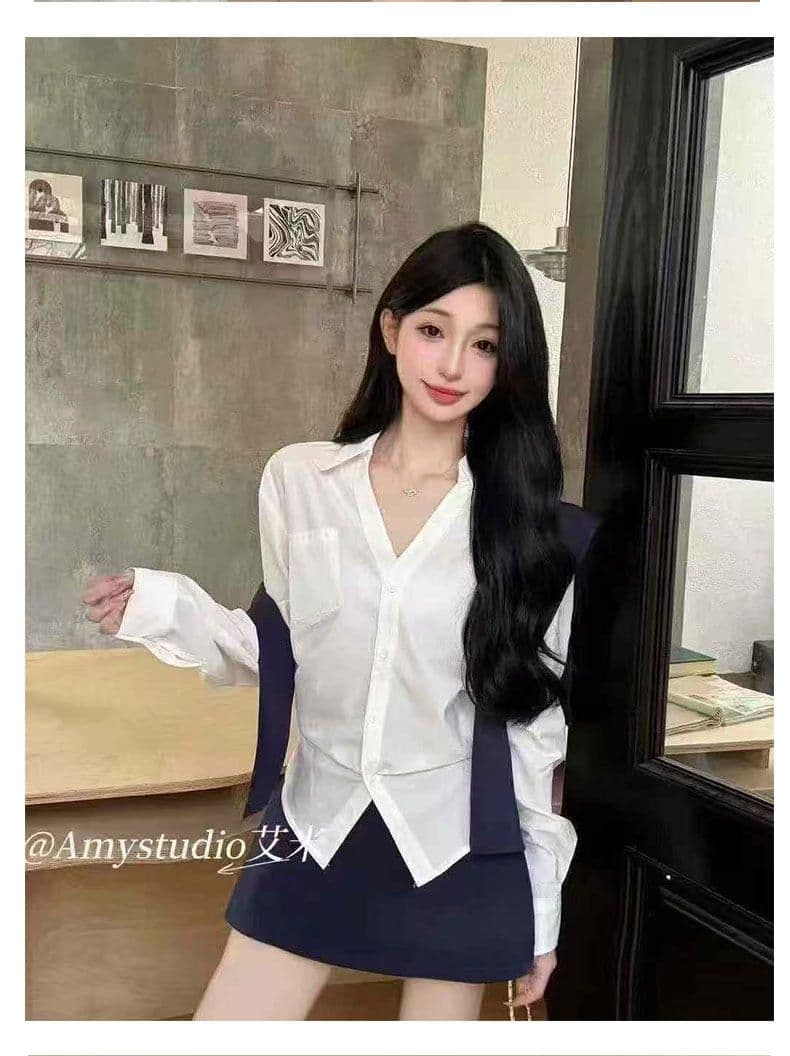 모방 데님 주간 실크 언더 천 박 전체 다림질 하나 새로운 패션 한국 스타일 작은 키 품격 연령 감소 긴팔 셔츠 상세 이미지 6
