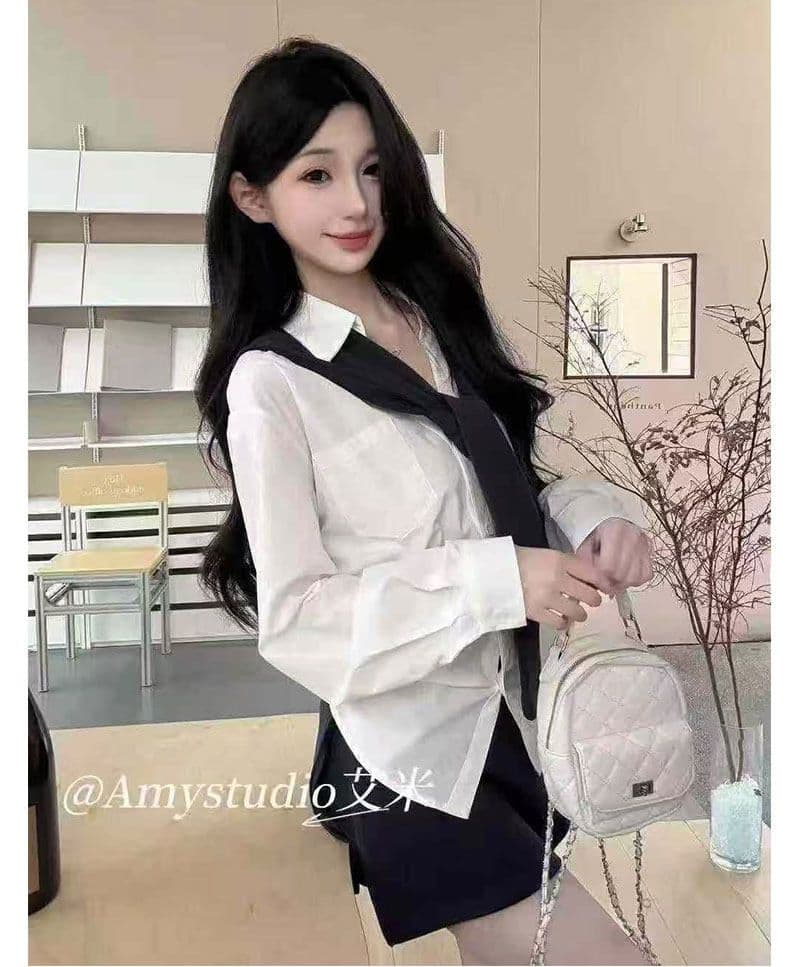 모방 데님 주간 실크 언더 천 박 전체 다림질 하나 새로운 패션 한국 스타일 작은 키 품격 연령 감소 긴팔 셔츠 상세 이미지 7