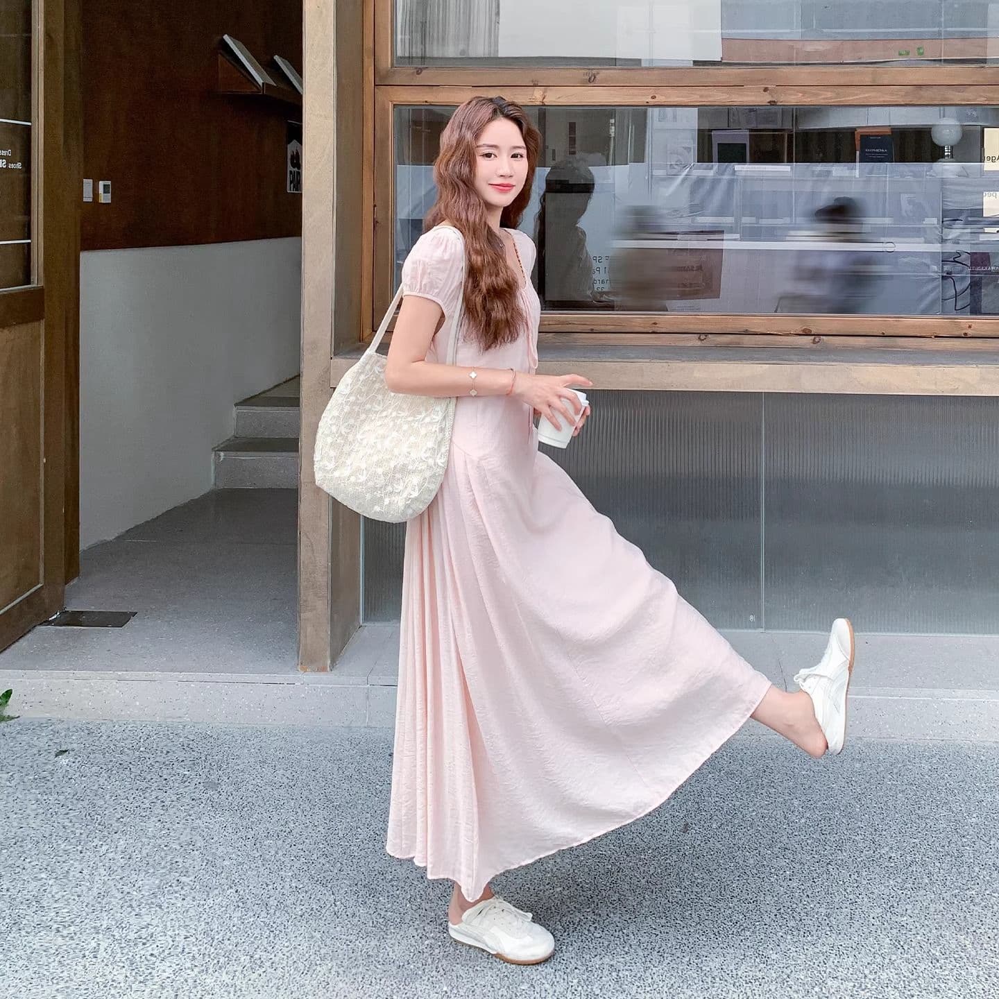 원본 면 주름 원단 네리 지퍼 하나 핑크색 달콤함 슈퍼 요정 드레스 프랑스식 몸매 가꾸기 슬림해 보이는 첫사랑 치마 이미지 5