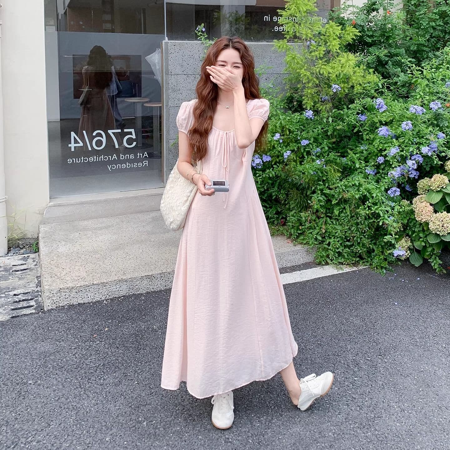 원본 면 주름 원단 네리 지퍼 하나 핑크색 달콤함 슈퍼 요정 드레스 프랑스식 몸매 가꾸기 슬림해 보이는 첫사랑 치마 이미지 3
