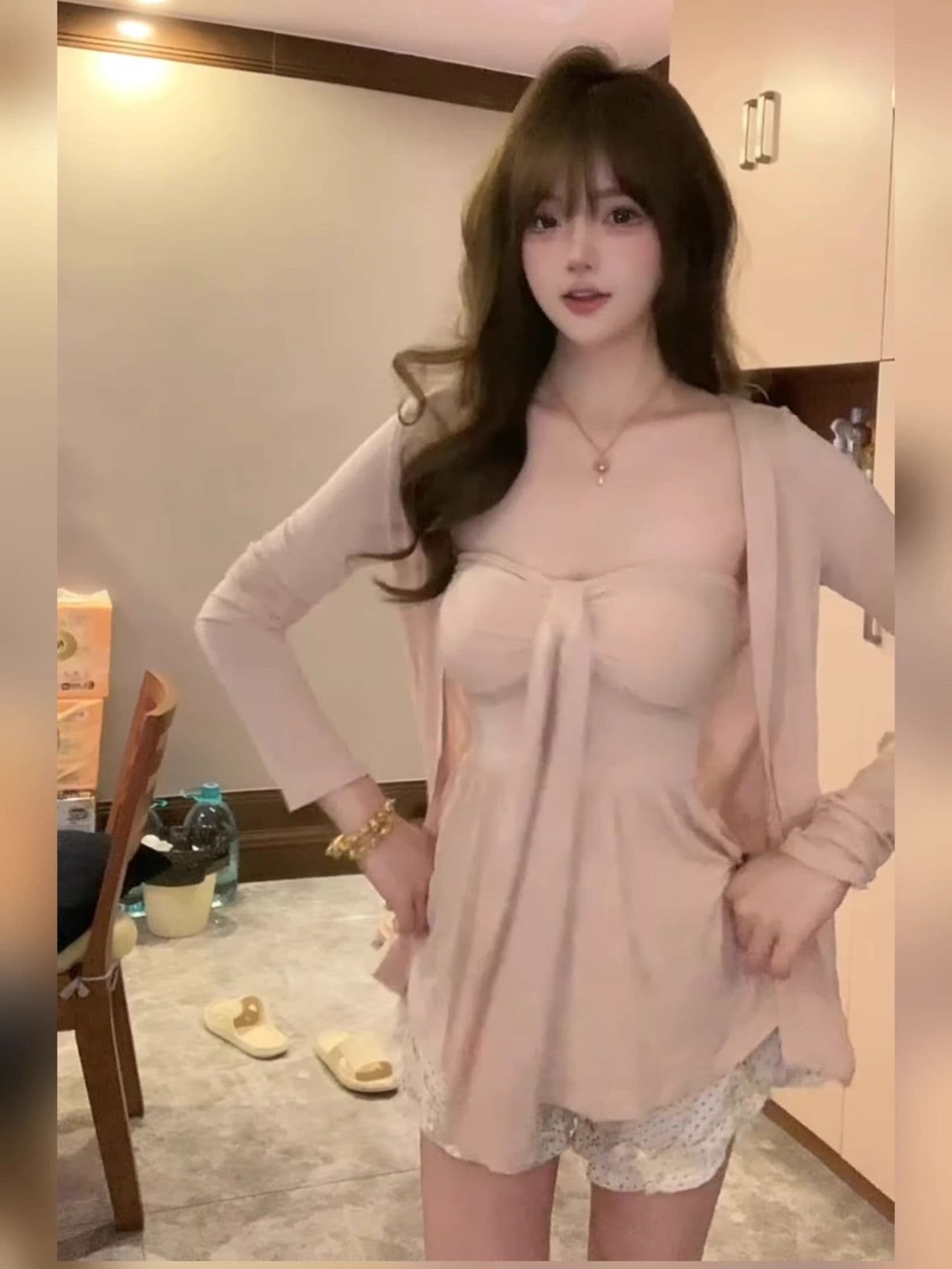 모달 200그램 무거운 원단 가슴 패드 하나 느긋한 루즈핏 핑크색 오픈 가디건 여성 튜브탑 조끼 맨위 투피스 세트