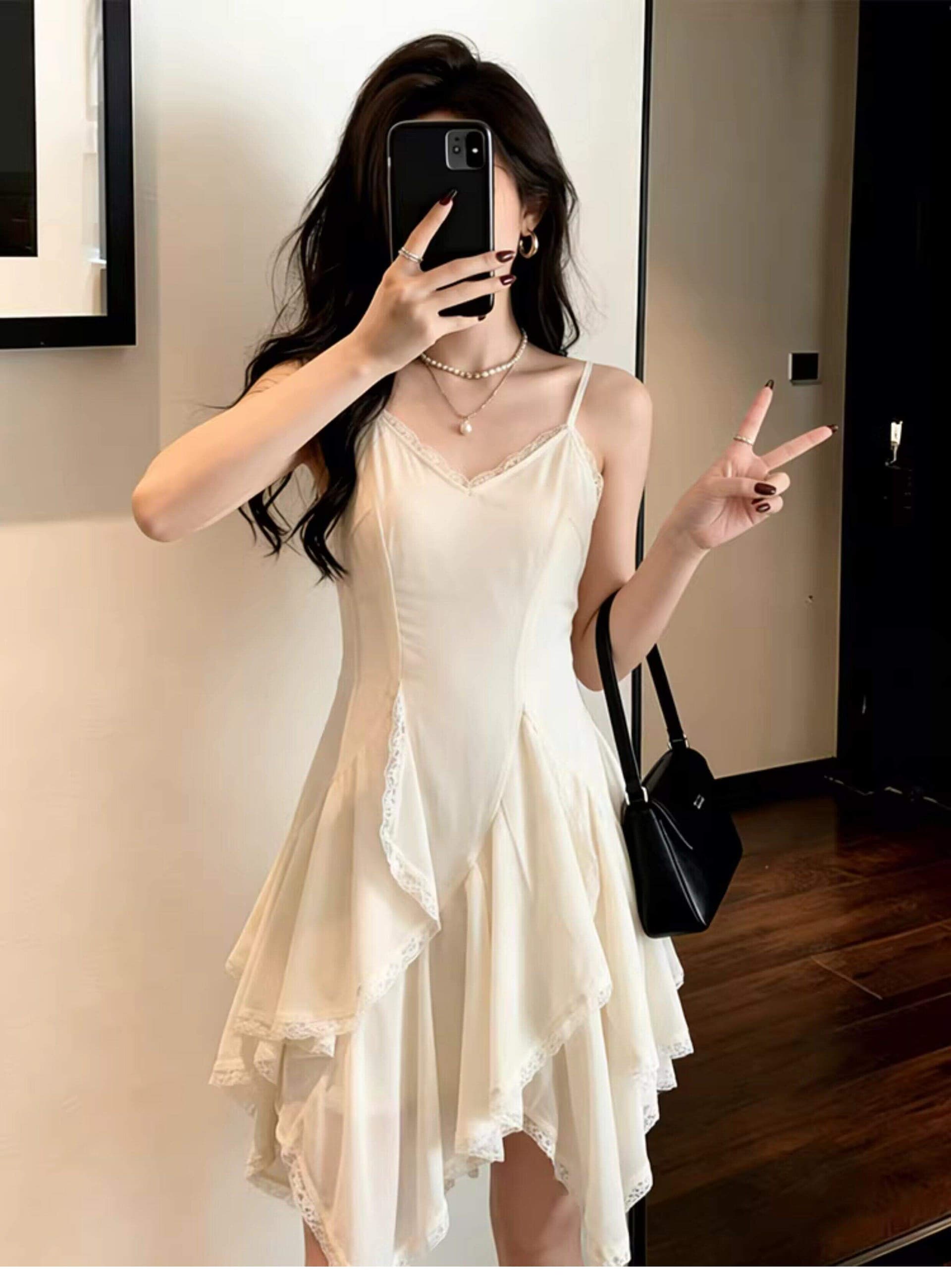 두꺼운 쉬폰 원단 네리 Tulle 레이스 슬립 여성 드레스 2026 여름 새로운 불규칙 미니 스커트 이미지 3