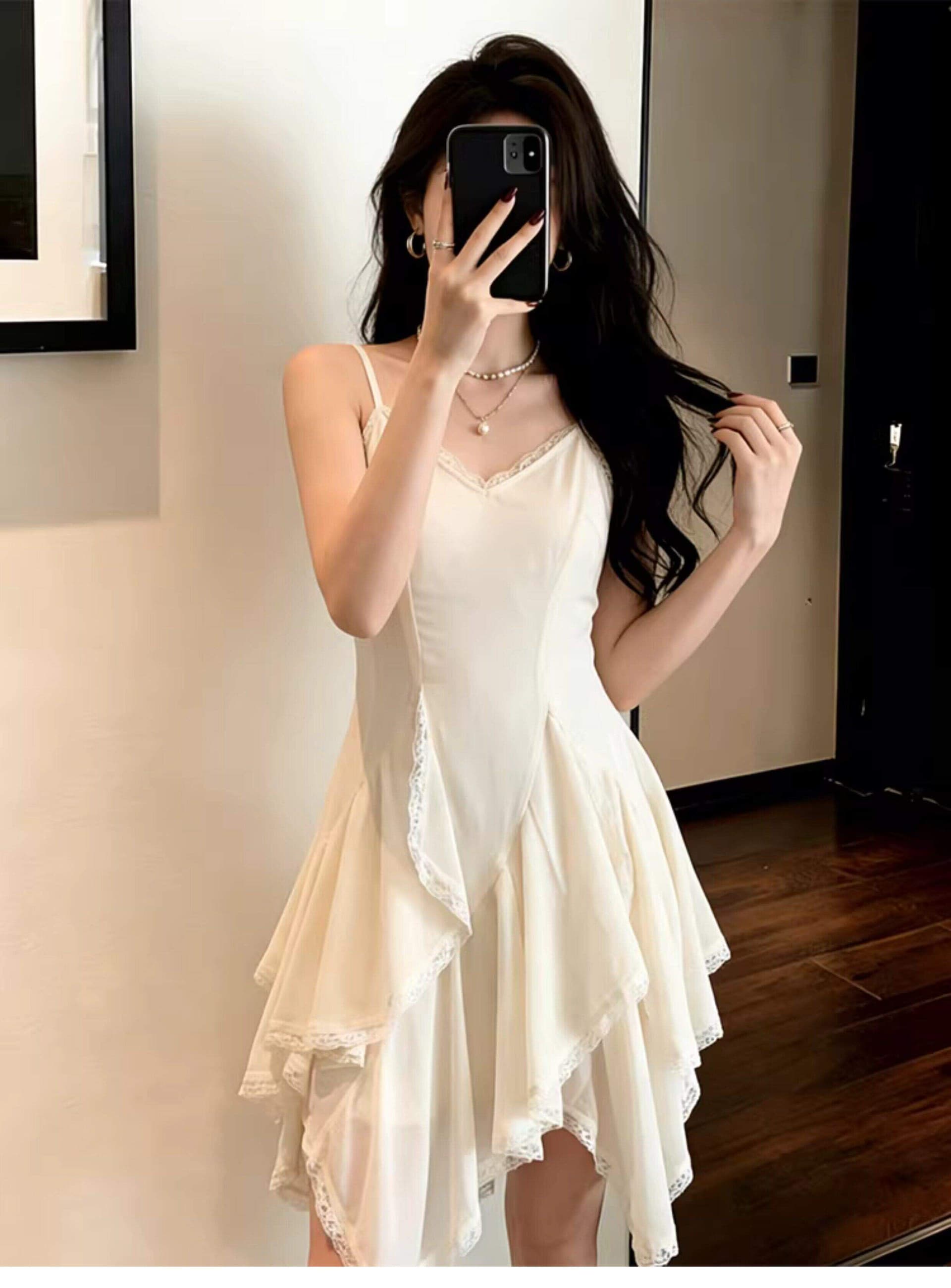 두꺼운 쉬폰 원단 네리 Tulle 레이스 슬립 여성 드레스 2026 여름 새로운 불규칙 미니 스커트