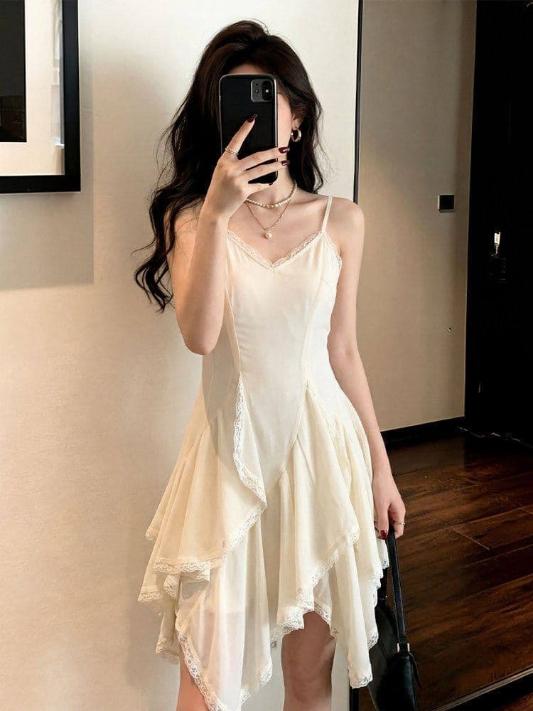 두꺼운 쉬폰 원단 네리 Tulle 레이스 슬립 여성 드레스 2026 여름 새로운 불규칙 미니 스커트 상세 이미지 2