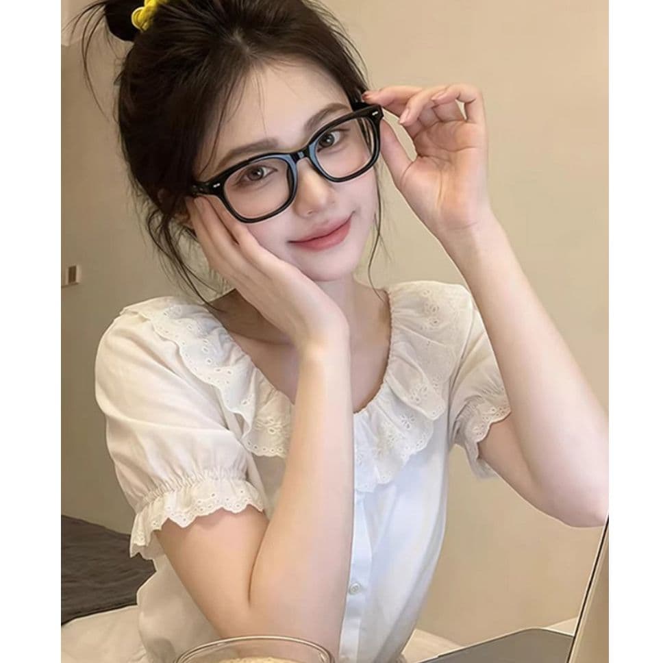 원본 사람들 면 원단 물 용해 레이스 여름 디자인 센스 프랑스식 레이스 셔츠 화이트 몸매 가꾸기 품격 맨위 이미지 2