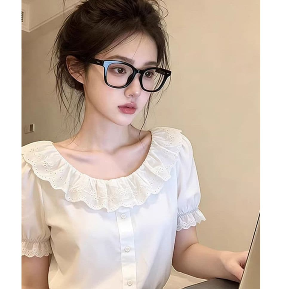 원본 사람들 면 원단 물 용해 레이스 여름 디자인 센스 프랑스식 레이스 셔츠 화이트 몸매 가꾸기 품격 맨위 이미지 3