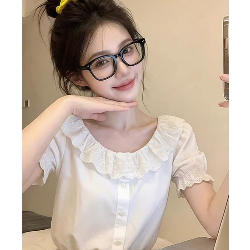 원본 사람들 면 원단 물 용해 레이스 여름 디자인 센스 프랑스식 레이스 셔츠 화이트 몸매 가꾸기 품격 맨위