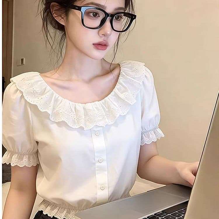 원본 사람들 면 원단 물 용해 레이스 여름 디자인 센스 프랑스식 레이스 셔츠 화이트 몸매 가꾸기 품격 맨위 상세 이미지 2
