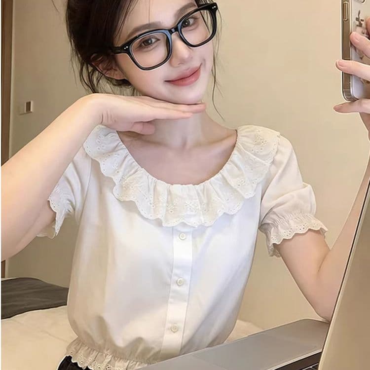 원본 사람들 면 원단 물 용해 레이스 여름 디자인 센스 프랑스식 레이스 셔츠 화이트 몸매 가꾸기 품격 맨위 상세 이미지 3