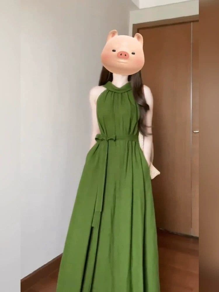 프랑스식 행침 목 품격 레트로 민소매 행침 목 여성 드레스 여름 새로운 휴가 바람 루즈핏 A라인 스커트 롱 스커트 이미지 4