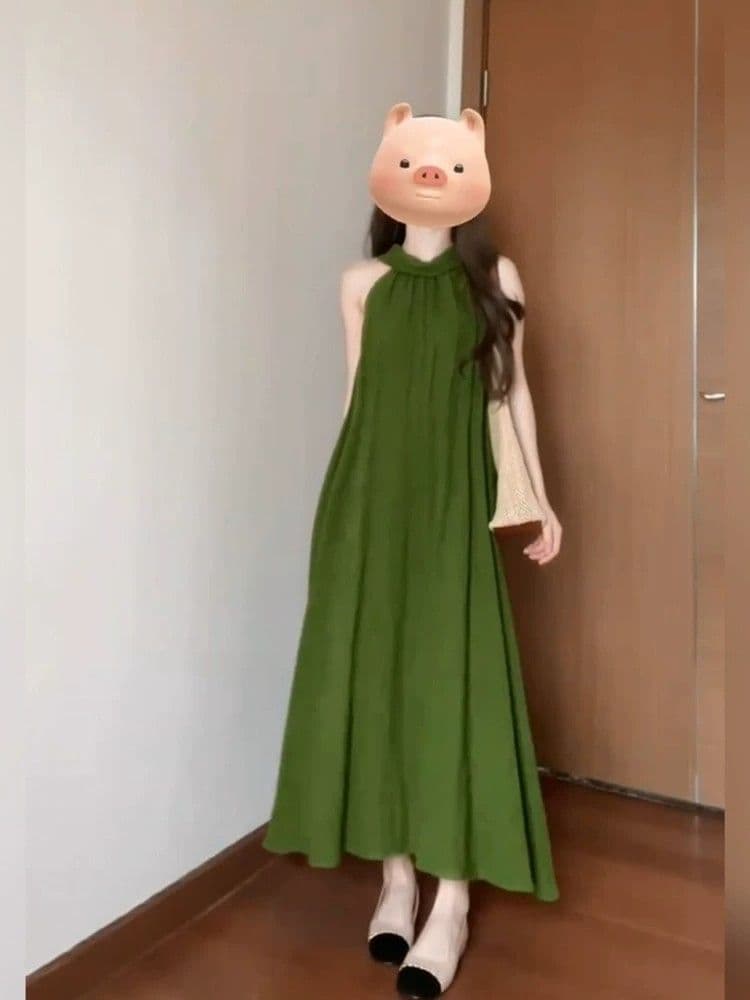 프랑스식 행침 목 품격 레트로 민소매 행침 목 여성 드레스 여름 새로운 휴가 바람 루즈핏 A라인 스커트 롱 스커트