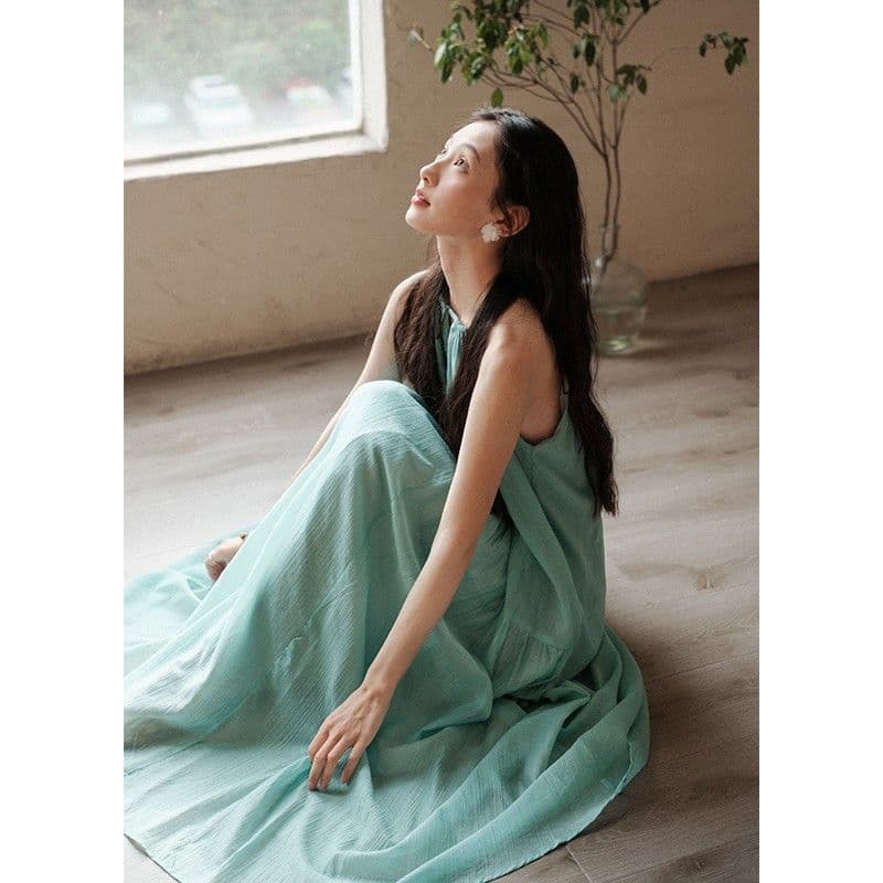 프랑스식 홀로우 아웃 슬립 여성 드레스 여름 해변가 휴가 바람 해변 드레스 주름 느긋한 느슨함 센스 길다 치마 이미지 3