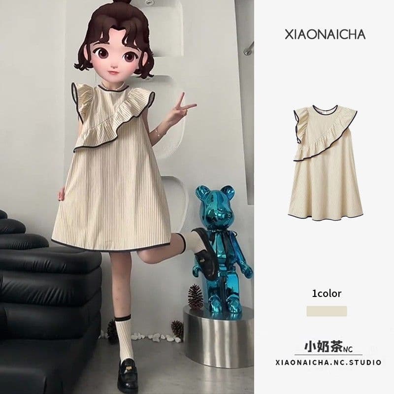 프랑스식 스트라이프 작은 날다 소매 여성 드레스 여름 불규칙 프릴 조끼 스커트 루즈핏 작은 키 인형 치마
