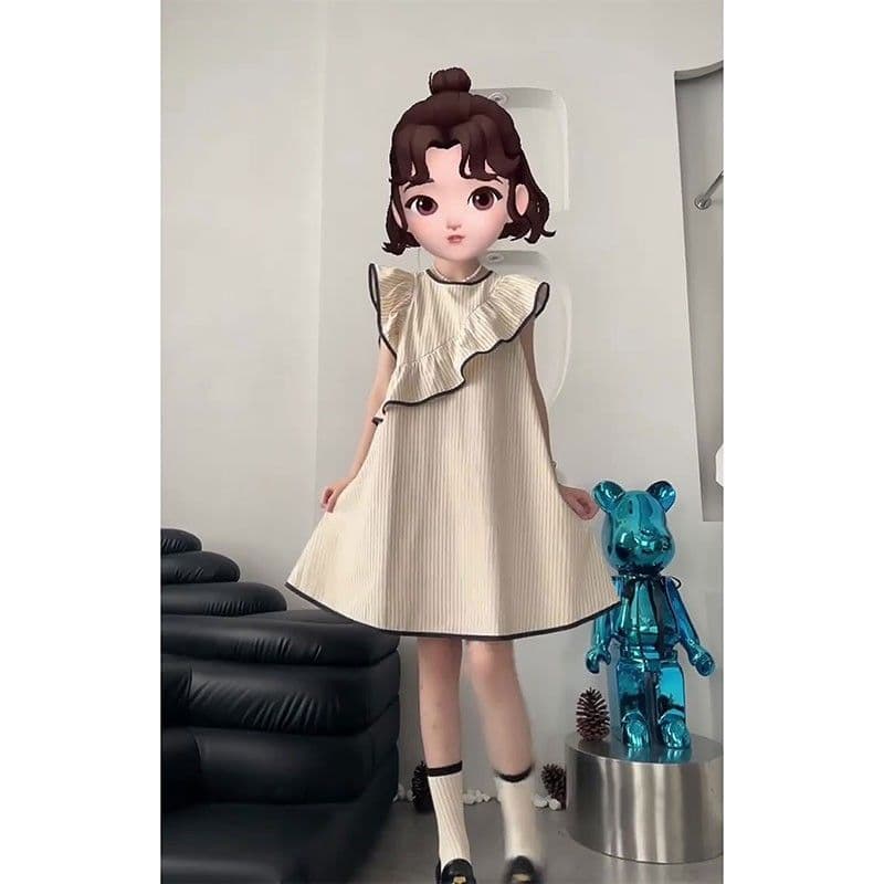 프랑스식 스트라이프 작은 날다 소매 여성 드레스 여름 불규칙 프릴 조끼 스커트 루즈핏 작은 키 인형 치마 이미지 3