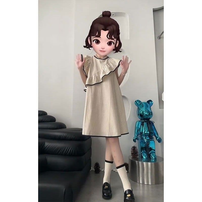 프랑스식 스트라이프 작은 날다 소매 여성 드레스 여름 불규칙 프릴 조끼 스커트 루즈핏 작은 키 인형 치마 이미지 2