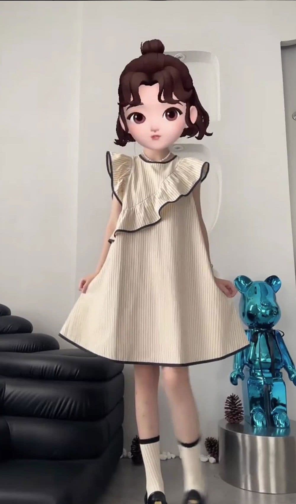 프랑스식 스트라이프 작은 날다 소매 여성 드레스 여름 불규칙 프릴 조끼 스커트 루즈핏 작은 키 인형 치마 상세 이미지 5