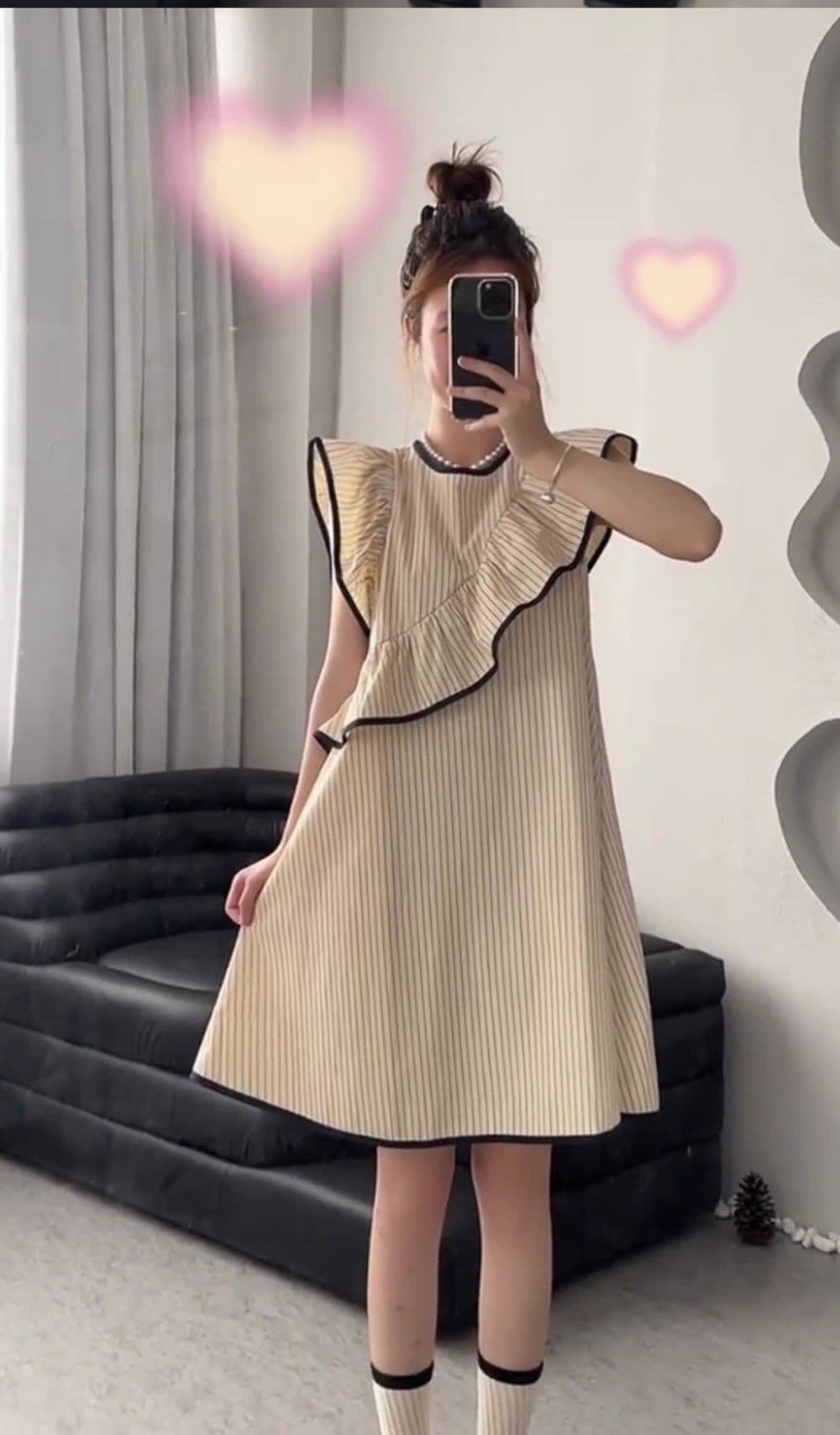 프랑스식 스트라이프 작은 날다 소매 여성 드레스 여름 불규칙 프릴 조끼 스커트 루즈핏 작은 키 인형 치마 상세 이미지 7