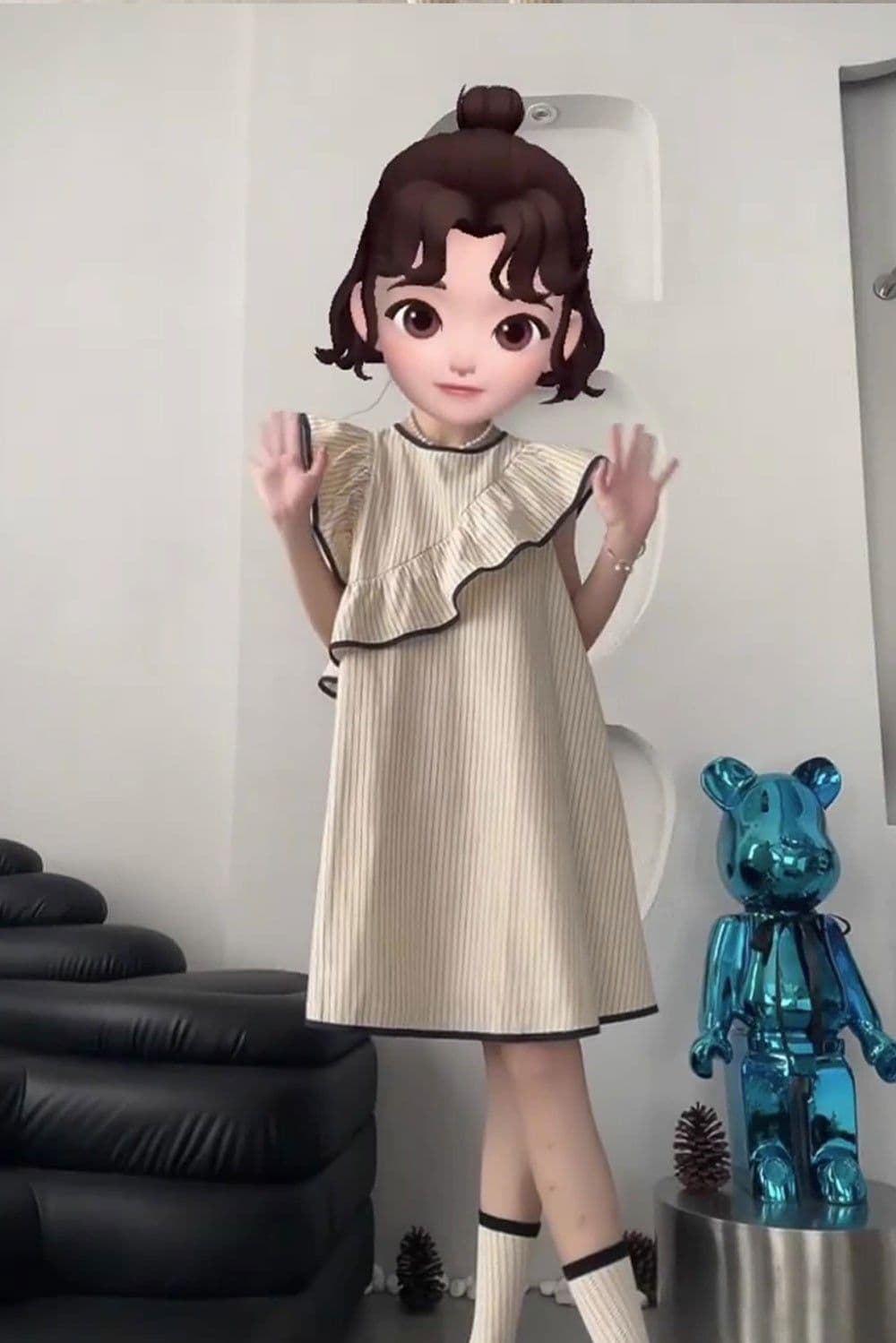 프랑스식 스트라이프 작은 날다 소매 여성 드레스 여름 불규칙 프릴 조끼 스커트 루즈핏 작은 키 인형 치마 상세 이미지 8