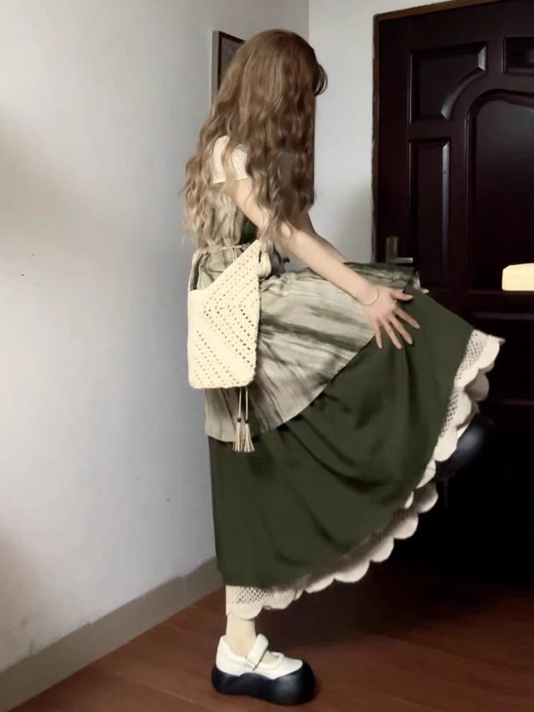 새로운 중식 레트로 홀치기 염색 슬립 드레스 2026 봄 여름 새로운 휴가 여행 작은 키 롱 스커트 여성 루즈핏