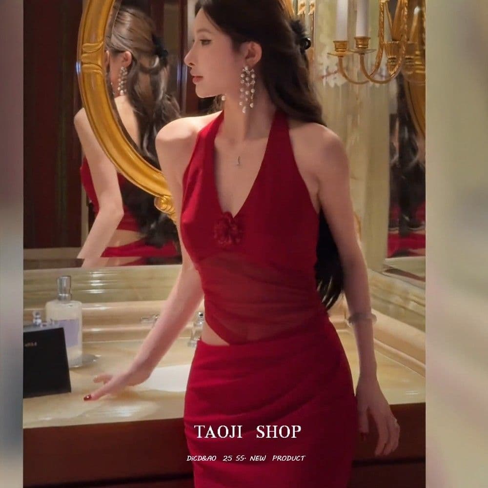 순수한 욕망 고급 센스 망사 패치워크 행침 목 드레스 2026 여름 새로운 허리 수축 패션 품격 롱 스커트 여성 트렌디 이미지 2