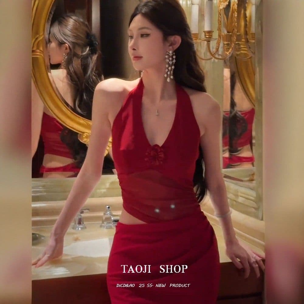 순수한 욕망 고급 센스 망사 패치워크 행침 목 드레스 2026 여름 새로운 허리 수축 패션 품격 롱 스커트 여성 트렌디 이미지 5