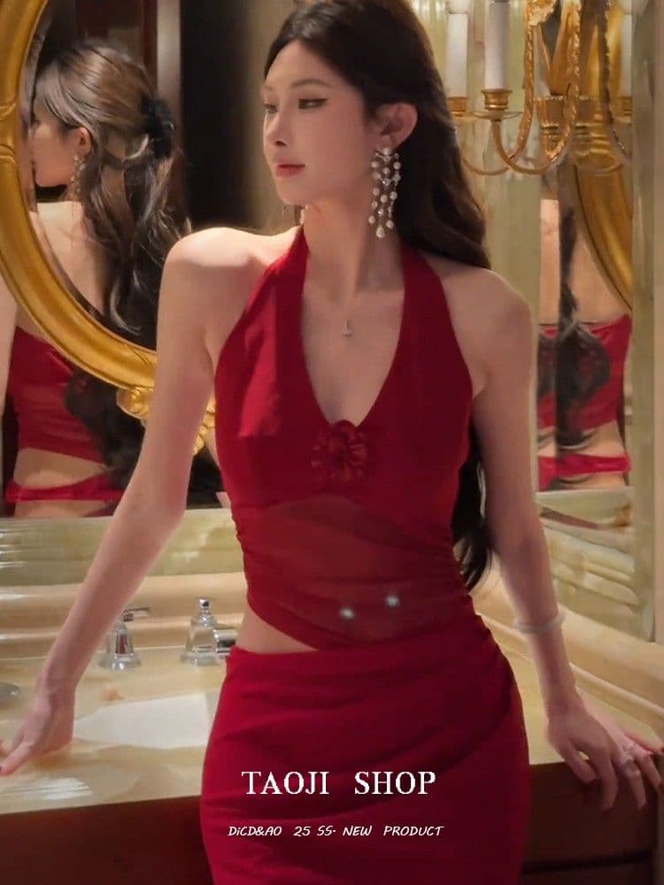 순수한 욕망 고급 센스 망사 패치워크 행침 목 드레스 2026 여름 새로운 허리 수축 패션 품격 롱 스커트 여성 트렌디 상세 이미지 7