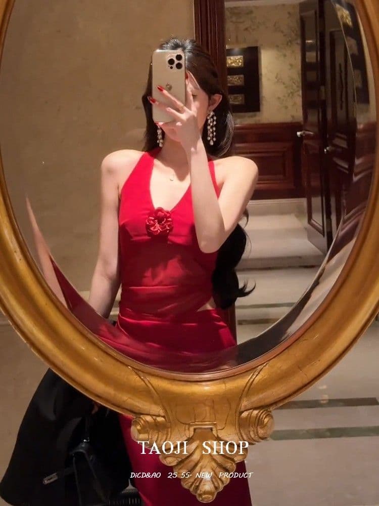 순수한 욕망 고급 센스 망사 패치워크 행침 목 드레스 2026 여름 새로운 허리 수축 패션 품격 롱 스커트 여성 트렌디 상세 이미지 13
