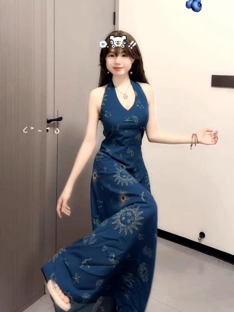 2026 새로운 레트로 프랑스식 휴가 바람 파란색 V넥 행침 목 조끼 원피스 아이들 여름 허리 수축 롱 스커트 이미지 4