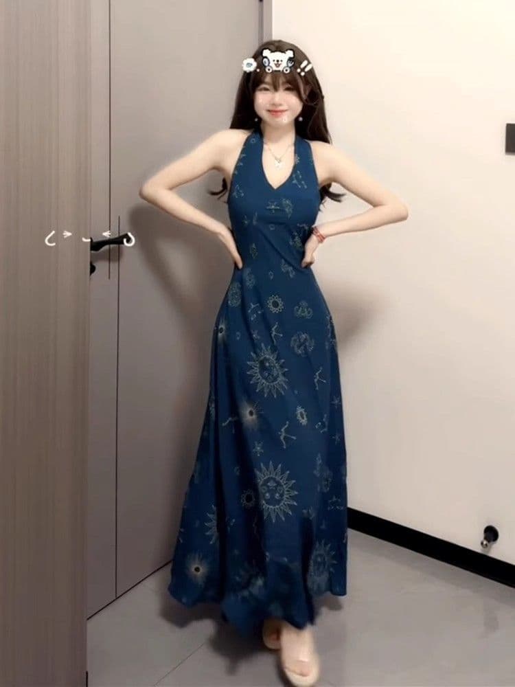 2026 새로운 레트로 프랑스식 휴가 바람 파란색 V넥 행침 목 조끼 원피스 아이들 여름 허리 수축 롱 스커트 이미지 2