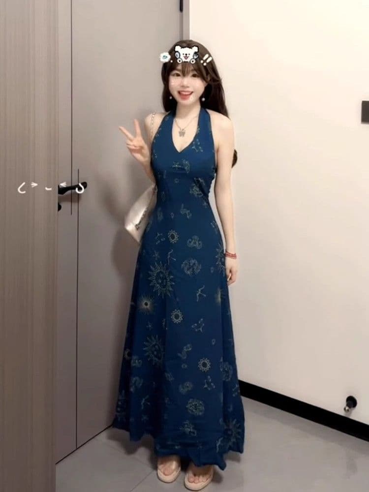 2026 새로운 레트로 프랑스식 휴가 바람 파란색 V넥 행침 목 조끼 원피스 아이들 여름 허리 수축 롱 스커트
