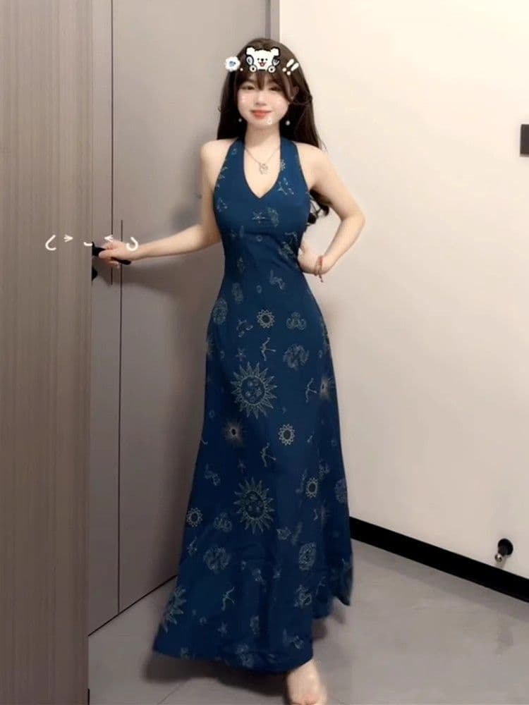 2026 새로운 레트로 프랑스식 휴가 바람 파란색 V넥 행침 목 조끼 원피스 아이들 여름 허리 수축 롱 스커트 이미지 3