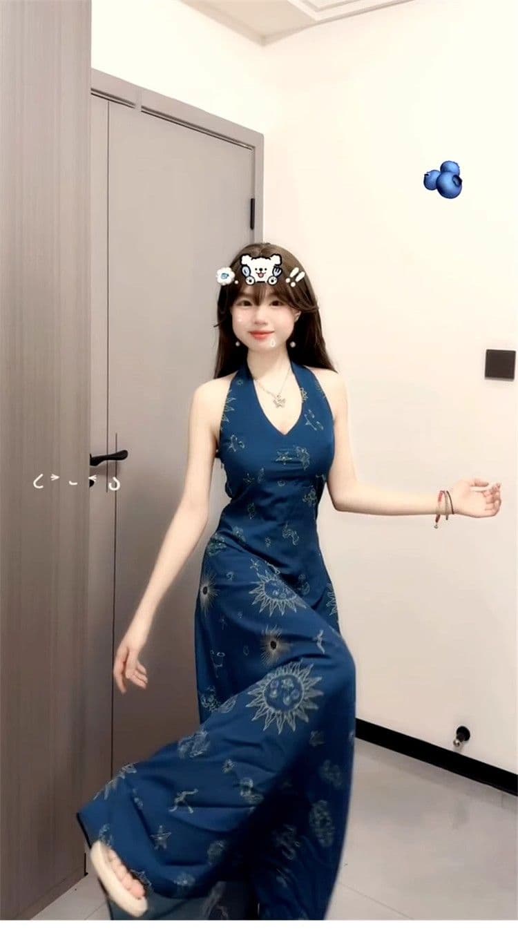 2026 새로운 레트로 프랑스식 휴가 바람 파란색 V넥 행침 목 조끼 원피스 아이들 여름 허리 수축 롱 스커트 상세 이미지 4