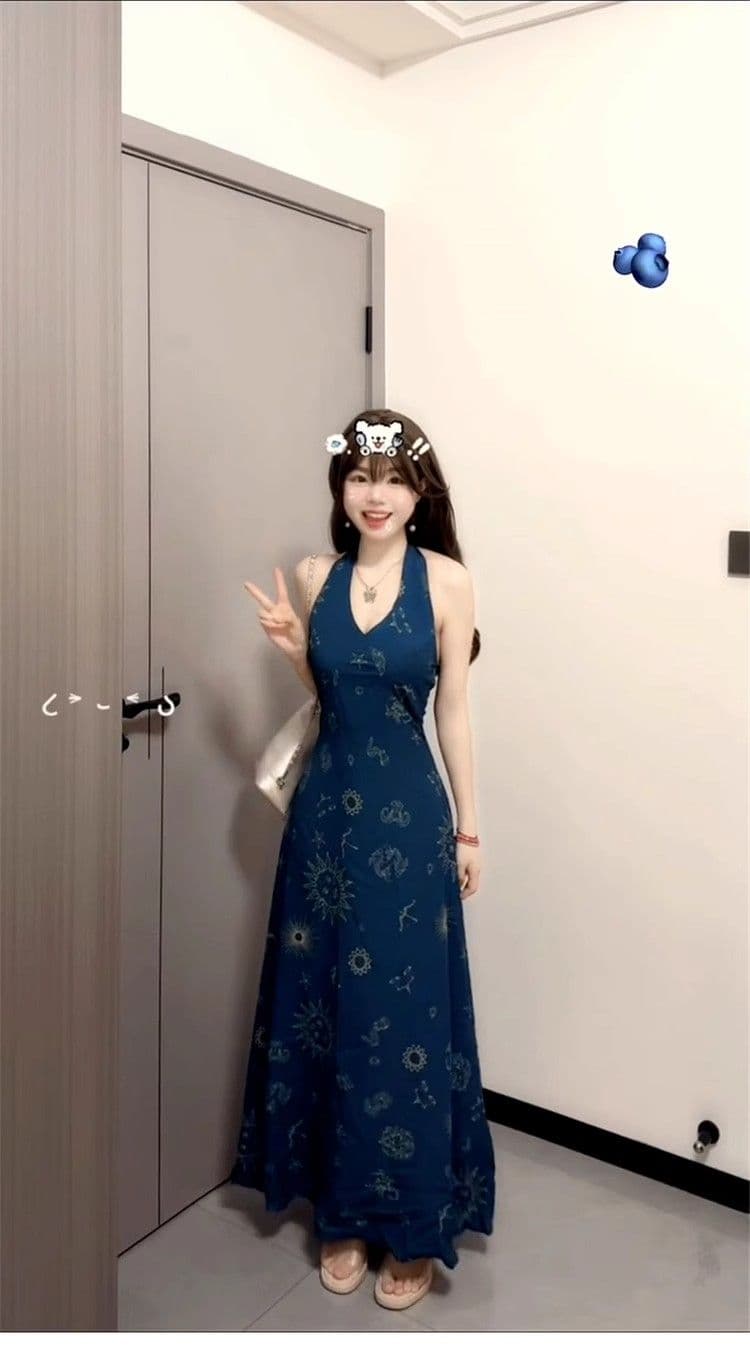 2026 새로운 레트로 프랑스식 휴가 바람 파란색 V넥 행침 목 조끼 원피스 아이들 여름 허리 수축 롱 스커트 상세 이미지 5