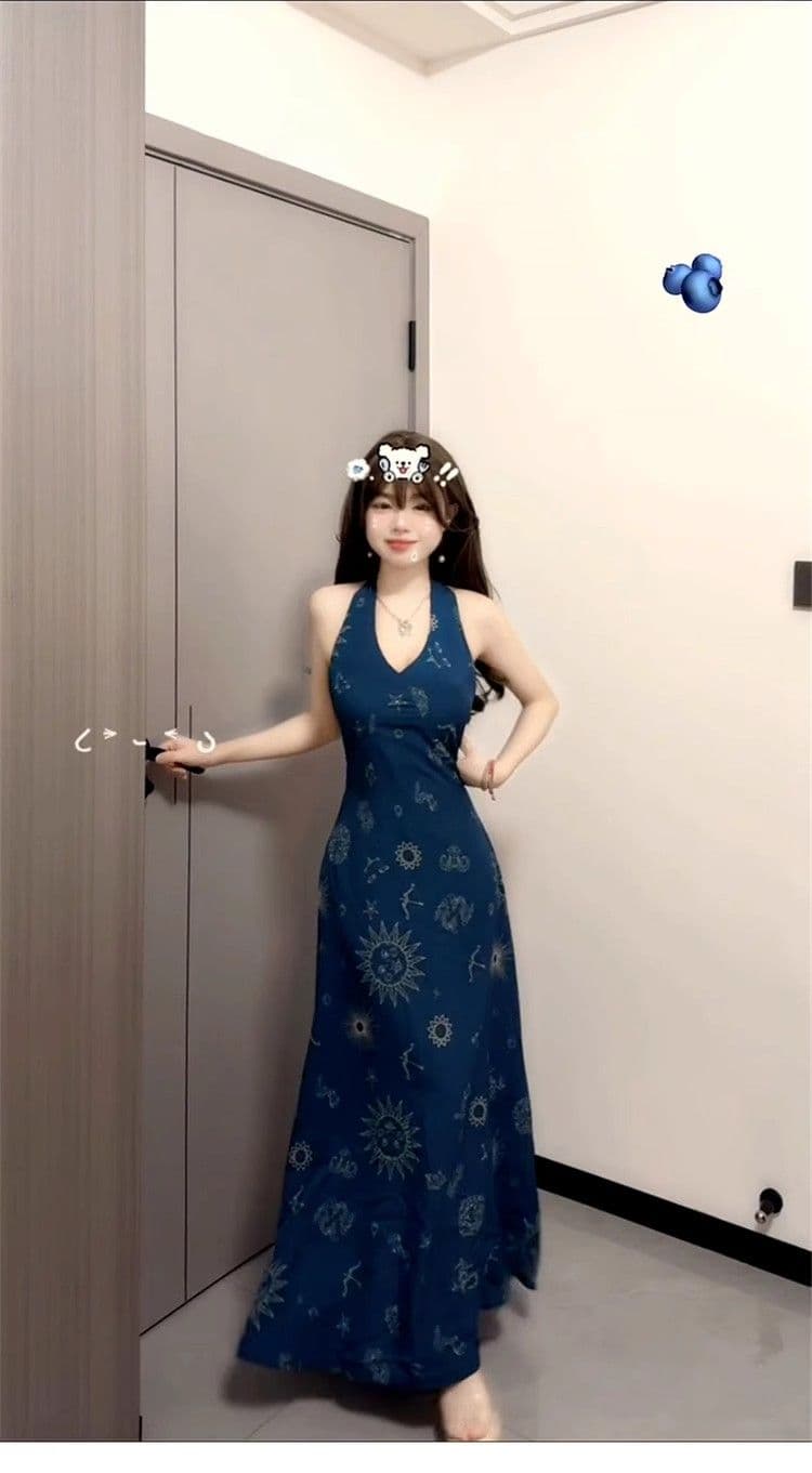 2026 새로운 레트로 프랑스식 휴가 바람 파란색 V넥 행침 목 조끼 원피스 아이들 여름 허리 수축 롱 스커트 상세 이미지 6