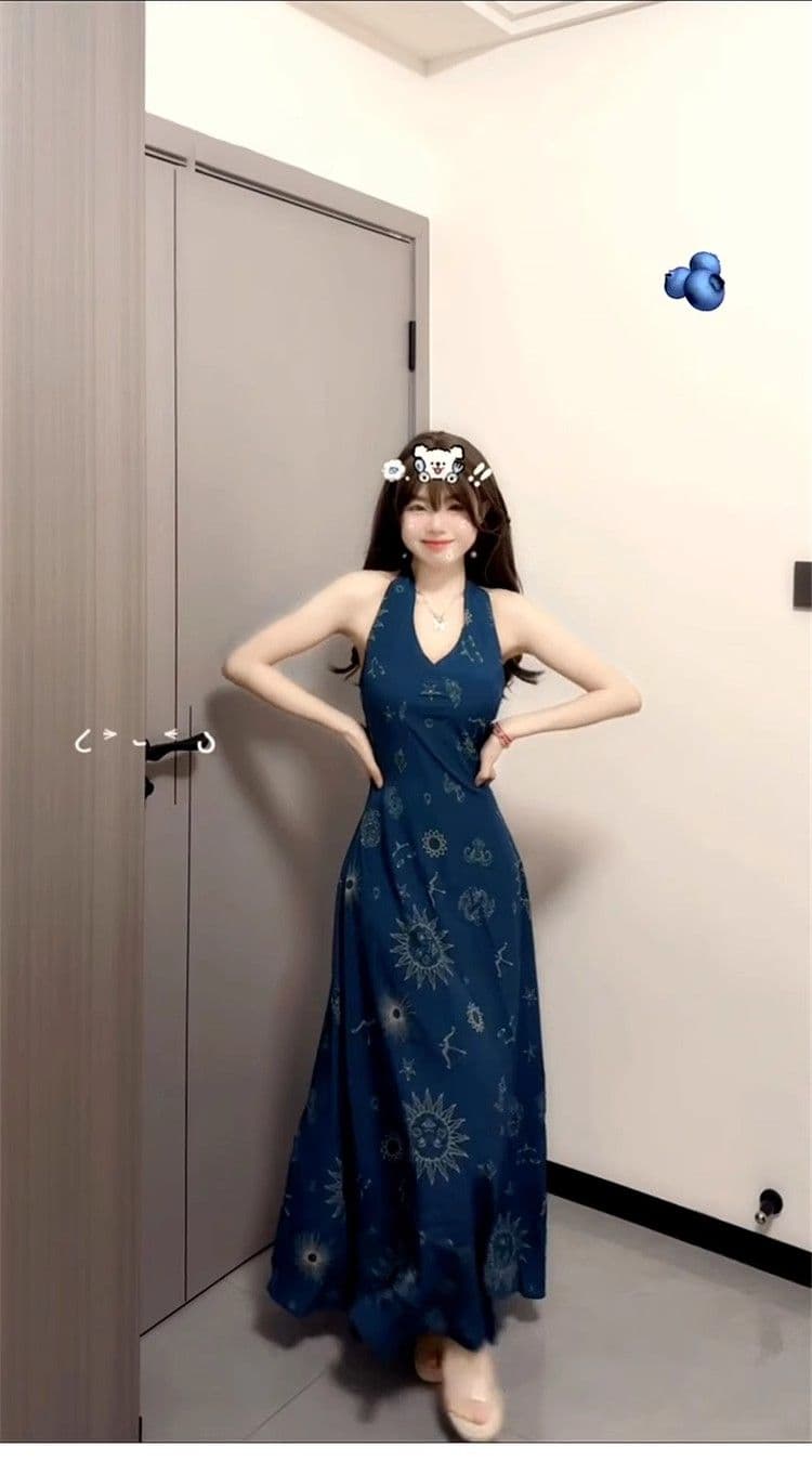 2026 새로운 레트로 프랑스식 휴가 바람 파란색 V넥 행침 목 조끼 원피스 아이들 여름 허리 수축 롱 스커트 상세 이미지 7