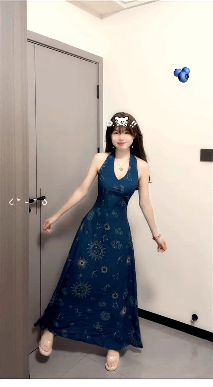 2026 새로운 레트로 프랑스식 휴가 바람 파란색 V넥 행침 목 조끼 원피스 아이들 여름 허리 수축 롱 스커트 상세 이미지 8