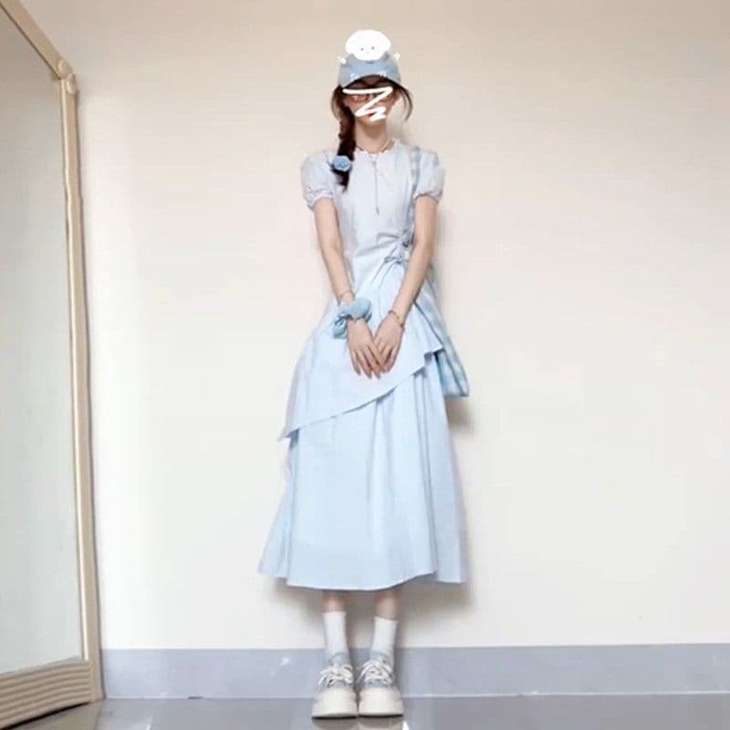 고급 센스 파란색 반팔 여성 드레스 여름 2026 새로운 작은 키 펌프 Pleat 슬림해 보이는 품격 케이크 롱 스커트 이미지 3