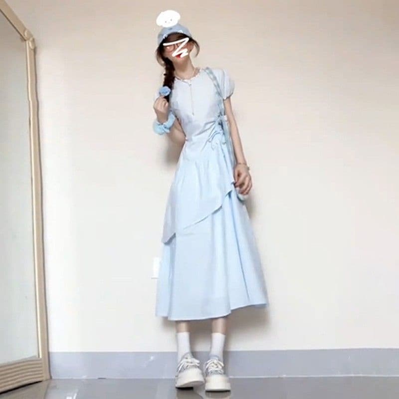고급 센스 파란색 반팔 여성 드레스 여름 2026 새로운 작은 키 펌프 Pleat 슬림해 보이는 품격 케이크 롱 스커트 이미지 4