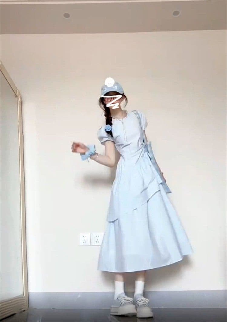 고급 센스 파란색 반팔 여성 드레스 여름 2026 새로운 작은 키 펌프 Pleat 슬림해 보이는 품격 케이크 롱 스커트 상세 이미지 1