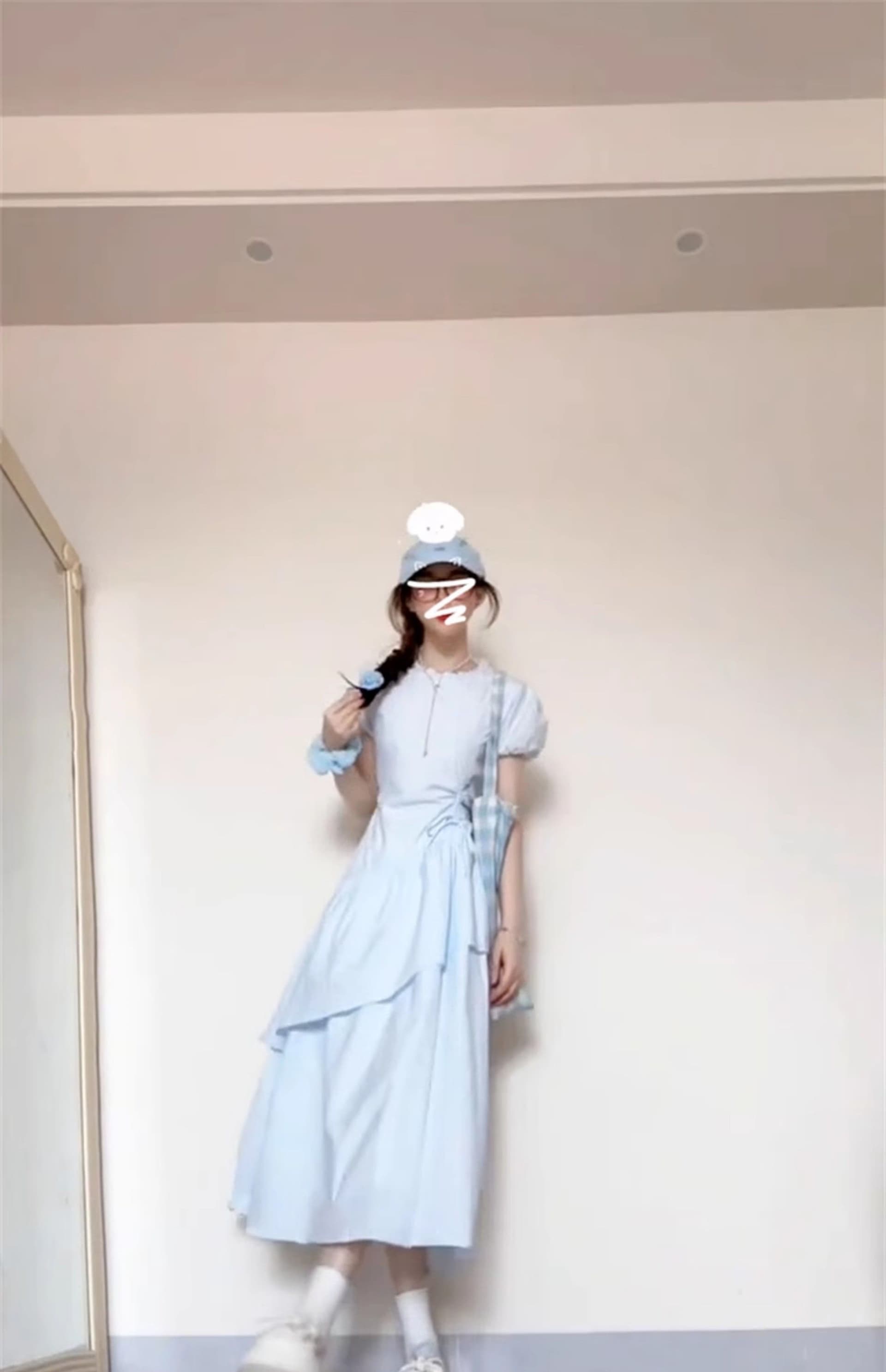 고급 센스 파란색 반팔 여성 드레스 여름 2026 새로운 작은 키 펌프 Pleat 슬림해 보이는 품격 케이크 롱 스커트 상세 이미지 12