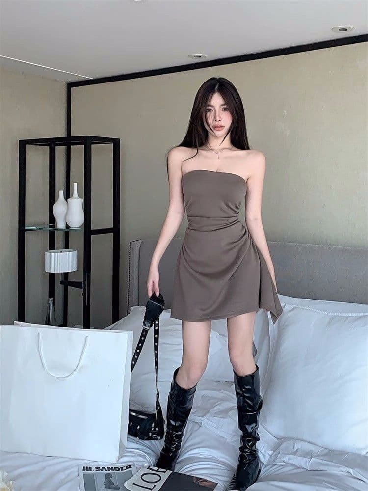 순수한 욕망 바람 튜브탑 여성 드레스 여름 미니 스커트 핫걸 허리 수축 주름 타이트 섹시함 불규칙 한 마디 치마 이미지 2