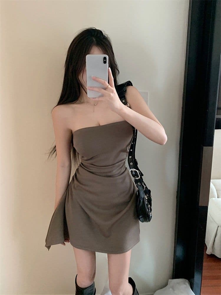 순수한 욕망 바람 튜브탑 여성 드레스 여름 미니 스커트 핫걸 허리 수축 주름 타이트 섹시함 불규칙 한 마디 치마 이미지 4
