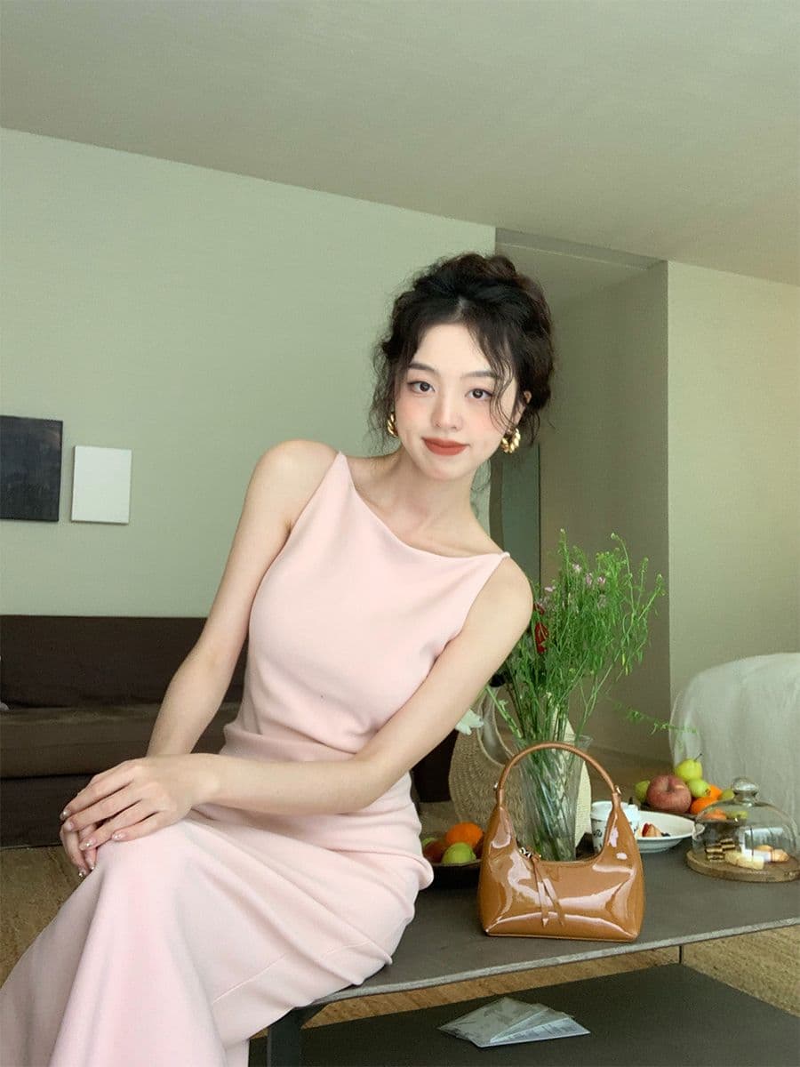 디자인 센스 아름다운 프랑스식 보트넥 허리 수축 트임 여성 드레스 고급 센스 품격 슬림해 보이는 슬립 치마 상세 이미지 5