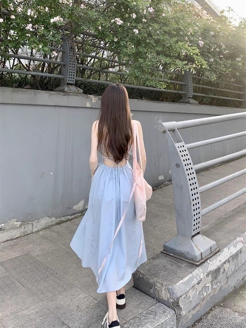여름 2026 새로운 순수한 욕망 파란색 슬립 여성 드레스 허리 수축 슬림해 보이는 품격 레이스업 백리스 한 마디 롱 스커트 상세 이미지 6