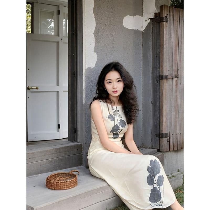 새로운 중식 여성 의류 품격 레트로 프린트 드레스 여름 작은 대중 디자인 느긋한 휴가 바람 조끼 길다 치마 이미지 2