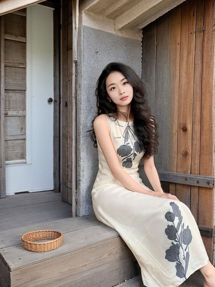 새로운 중식 여성 의류 품격 레트로 프린트 드레스 여름 작은 대중 디자인 느긋한 휴가 바람 조끼 길다 치마 상세 이미지 5